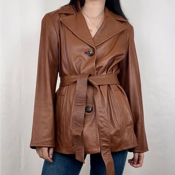 Collection Ellen Tracy Brown Genuine Soft Leather Belted Trench Coat - Picture 1 of 8